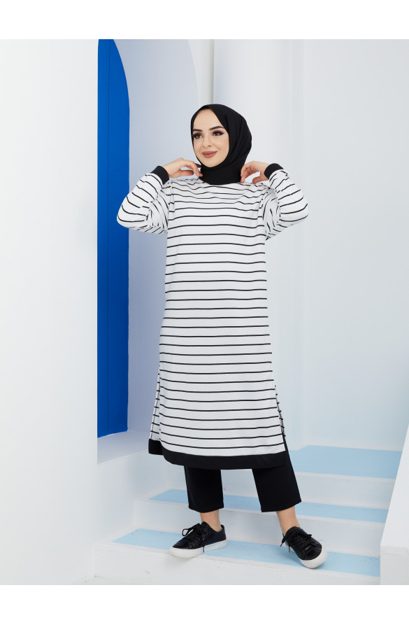 UZUN YAN YIRTMAÇLI ÇİZGİLİ SWEATSHİRT 3025 BEYAZ